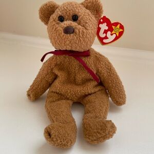 Ty Tan Plush Bear with Red Bow